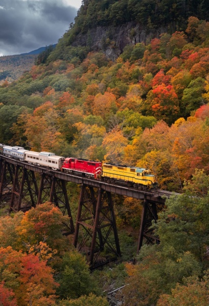 Scenic train at Trestle bridge in North Conway in Autumn, New Hampshire